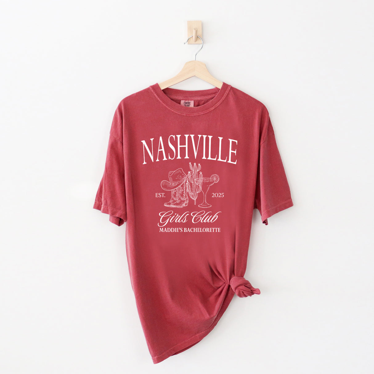 Red Custom Nashville bachelorette party shirts for bride tribe, last rodeo, or country-themed girl's weekend.