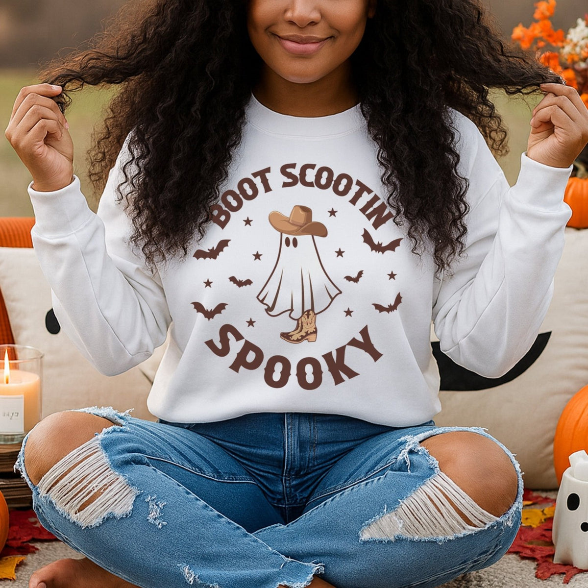 Ghost Cowboy Boot Scootin Spooky Halloween Sweatshirt for Adults and Kids - Gifts Are Blue