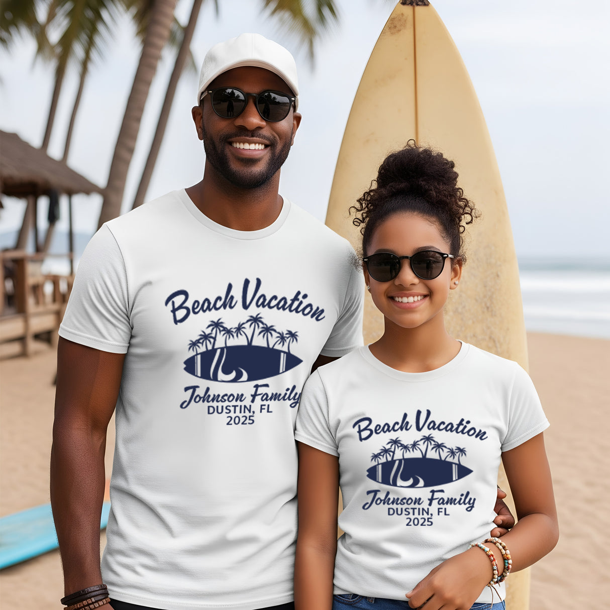 Custom beach t-shirts for families and couples featuring personalized text, perfect for summer vacations.