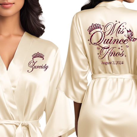 Personalized elegant cream beige satin quinceanera robes. The perfect getting ready mis quince anos robes with burgundy glitter.