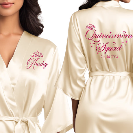 The perfect personalized satin quince robes for the entire quinceanera squad.
