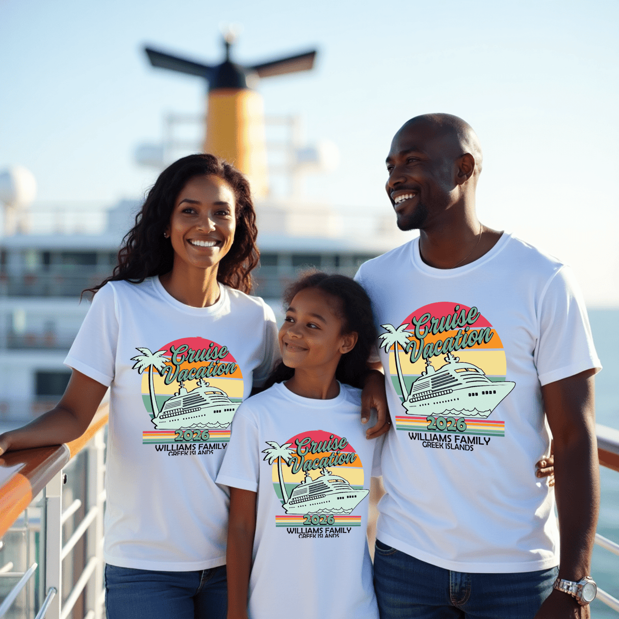Family wearing a cute family vacation shirt with custom name, the perfect tee for matching shirts on a cruise.