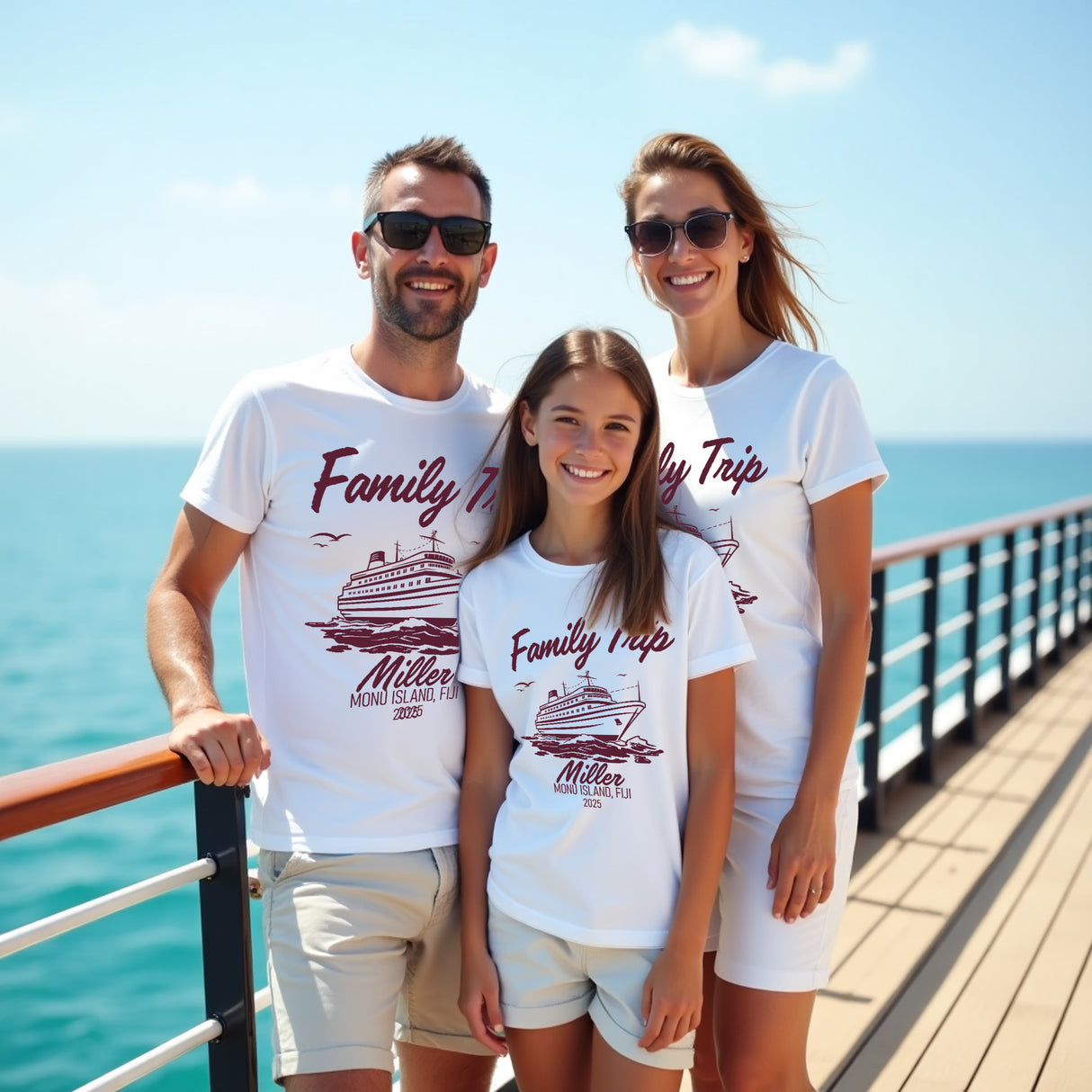 Custom cruise shirts for family vacations with matching tees. Custom and cute matching shirts for family photos.