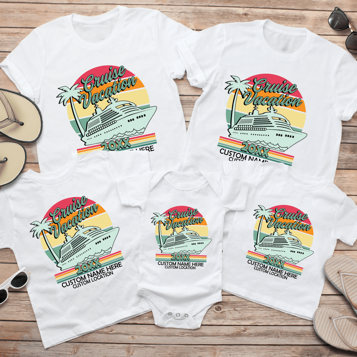 Family vacation shirts for cruise with custom name. The perfect white shirt for a family trip on the sea.