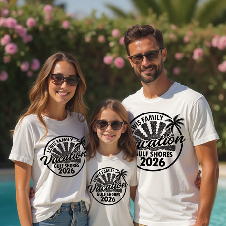 Custom family cruise shirts personalized with family name and cruise year for matching vacation outfits.