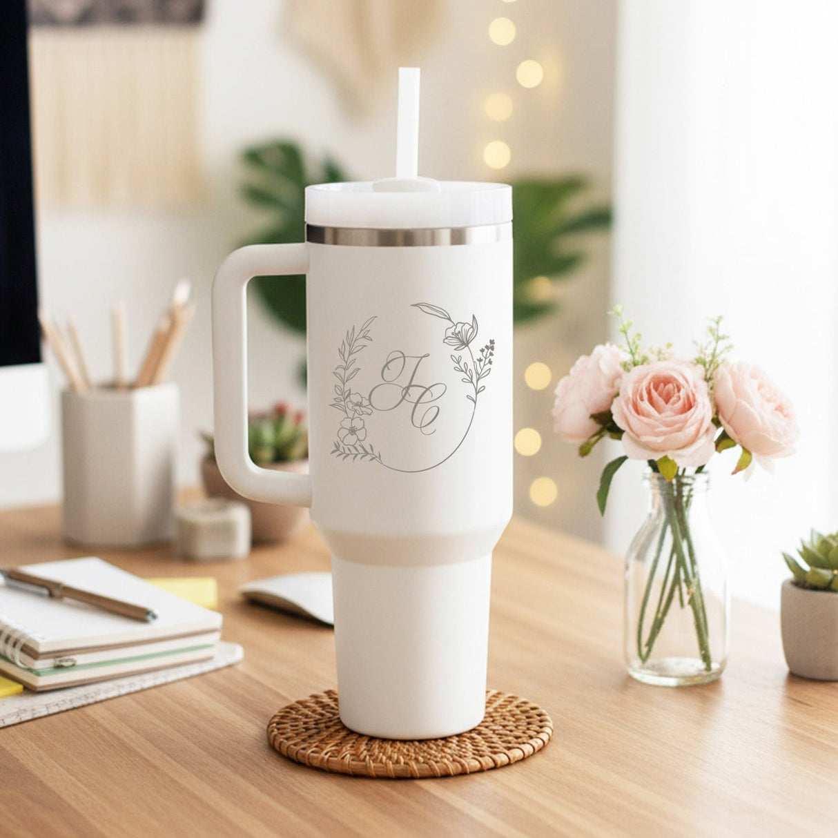Oval Wreath with Initials 40oz Personalized Tumbler with Name - Gifts Are Blue