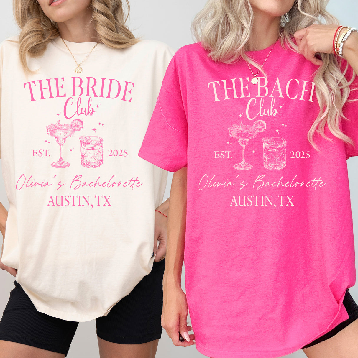 Group of women in matching bride squad t-shirts, custom Comfort Colors shirts for a beach bachelorette weekend.