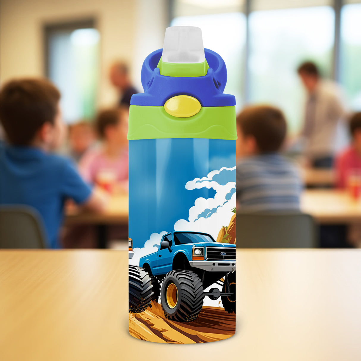 Boys monster truck water bottle with name, great personalized back to school accessory for kids.
