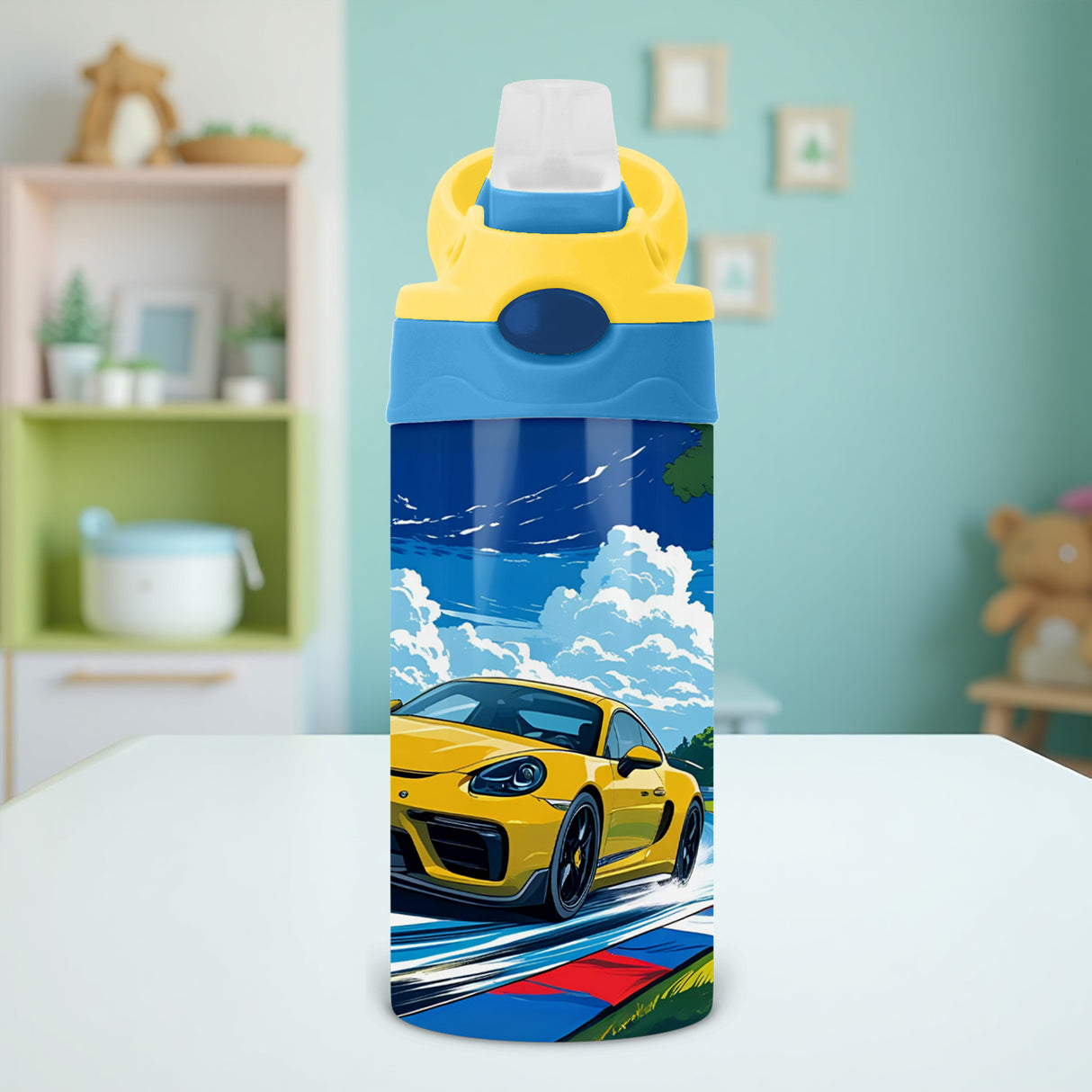 Custom Race Car Kids Water Bottle with name printed, perfect for back to school personalized gifts for boys and girls.