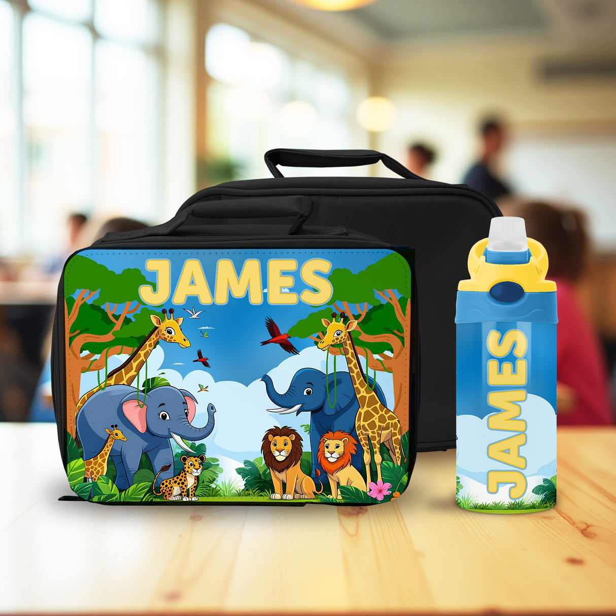 Custom safari lunch box and water bottle set for boys with name personalization for back to school gifts.