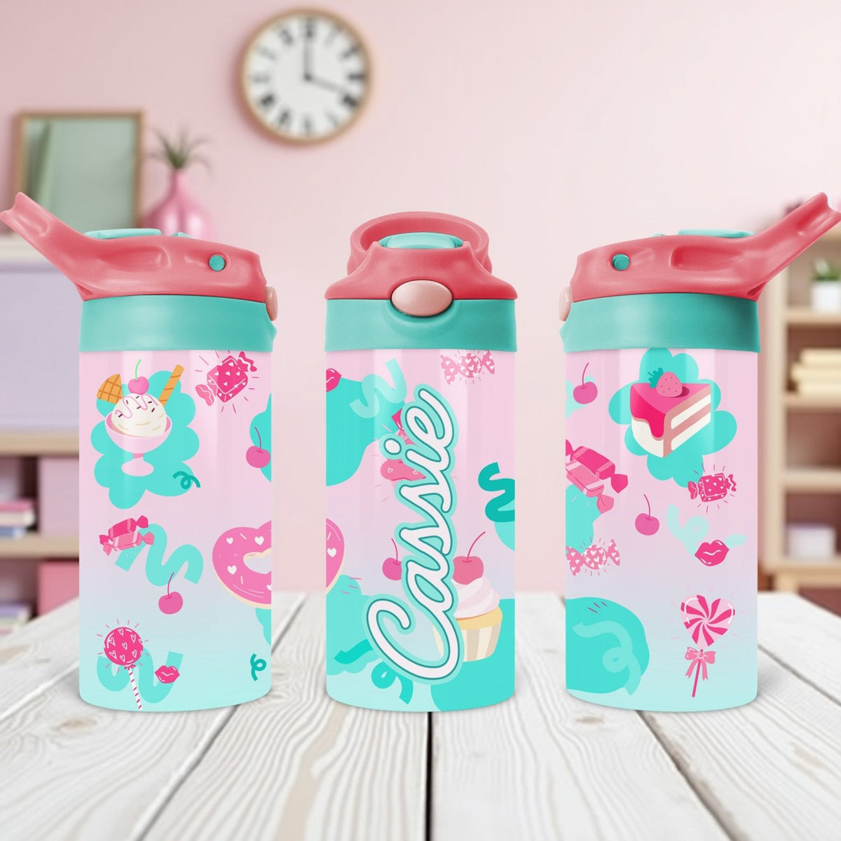 Personalized sweet treat water bottle for kids with custom name, perfect for school and snacks.