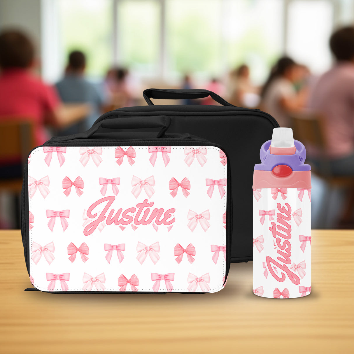 Pink matching lunch box and water bottle custom with name for back to school gift for girls.