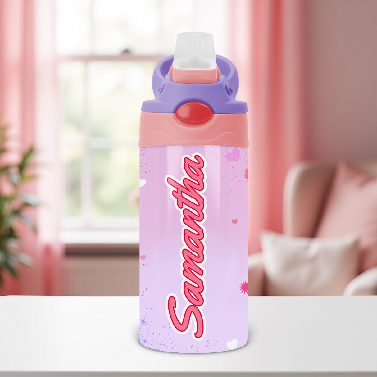 Girls custom cheer team water bottle with personalized name and secure flip lid, designed for school, practice, and everyday use.