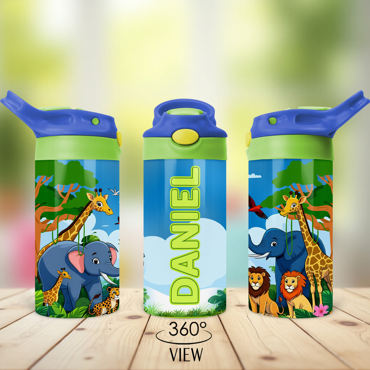 Custom Safari Kids Water Bottle with Name featuring jungle animals, great for preschool, kindergarten, and school lunchboxes