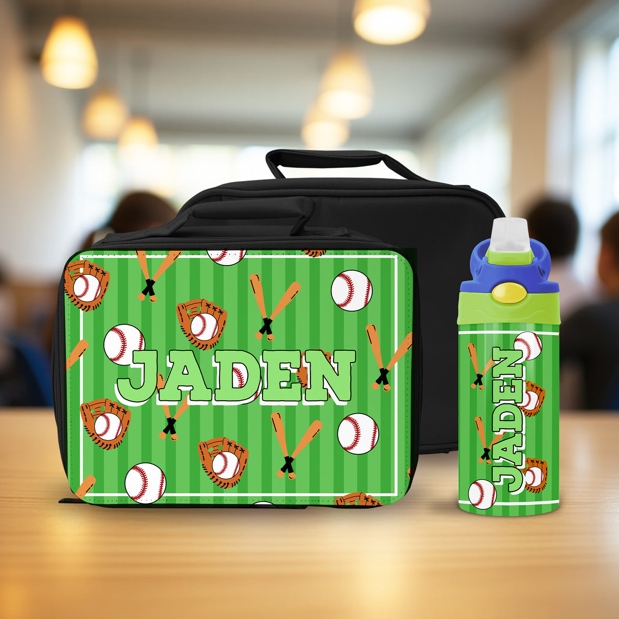 Custom lunch box with name and matching water bottle for school, perfect for baseball boys.