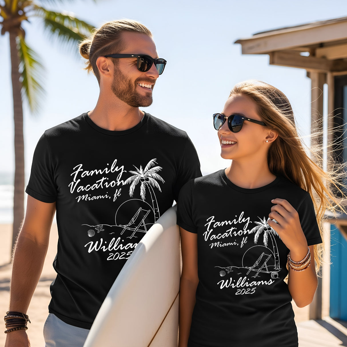 Matching personalized family vacation tees perfect for beach outings, reunions, and family trips.