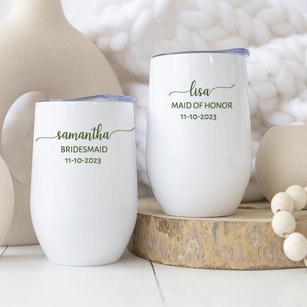Personalized Minimalist Bridesmaid Wine Tumbler with Custom Name & Date Gift - Gifts Are Blue