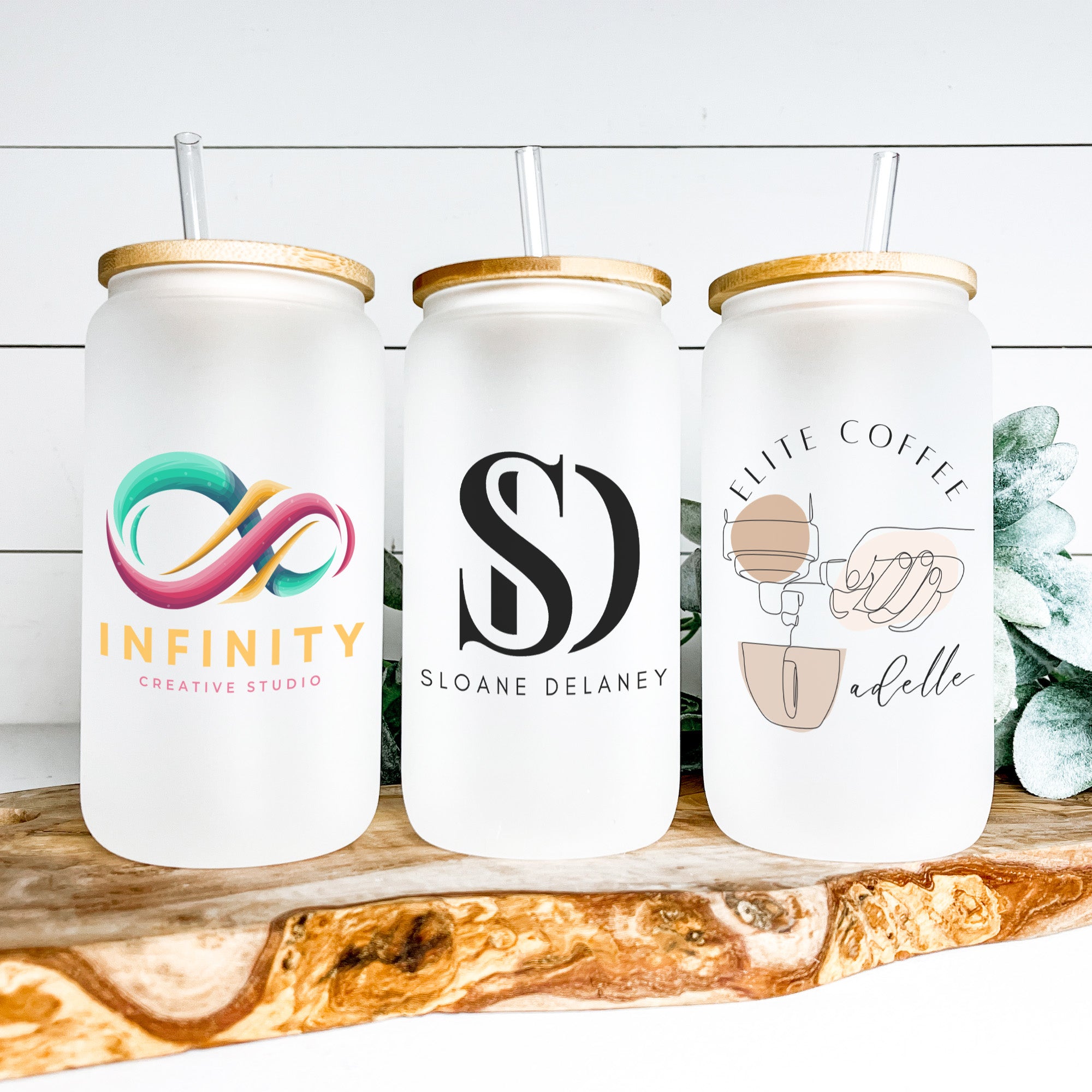 Custom business logo frosted iced coffee glass can.