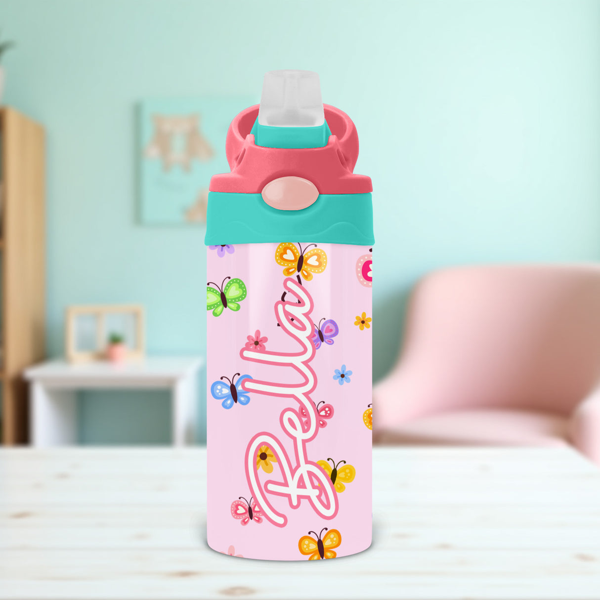 Personalized kids water bottle with butterfly design, custom name cup with flip lid, ideal for school or daycare.