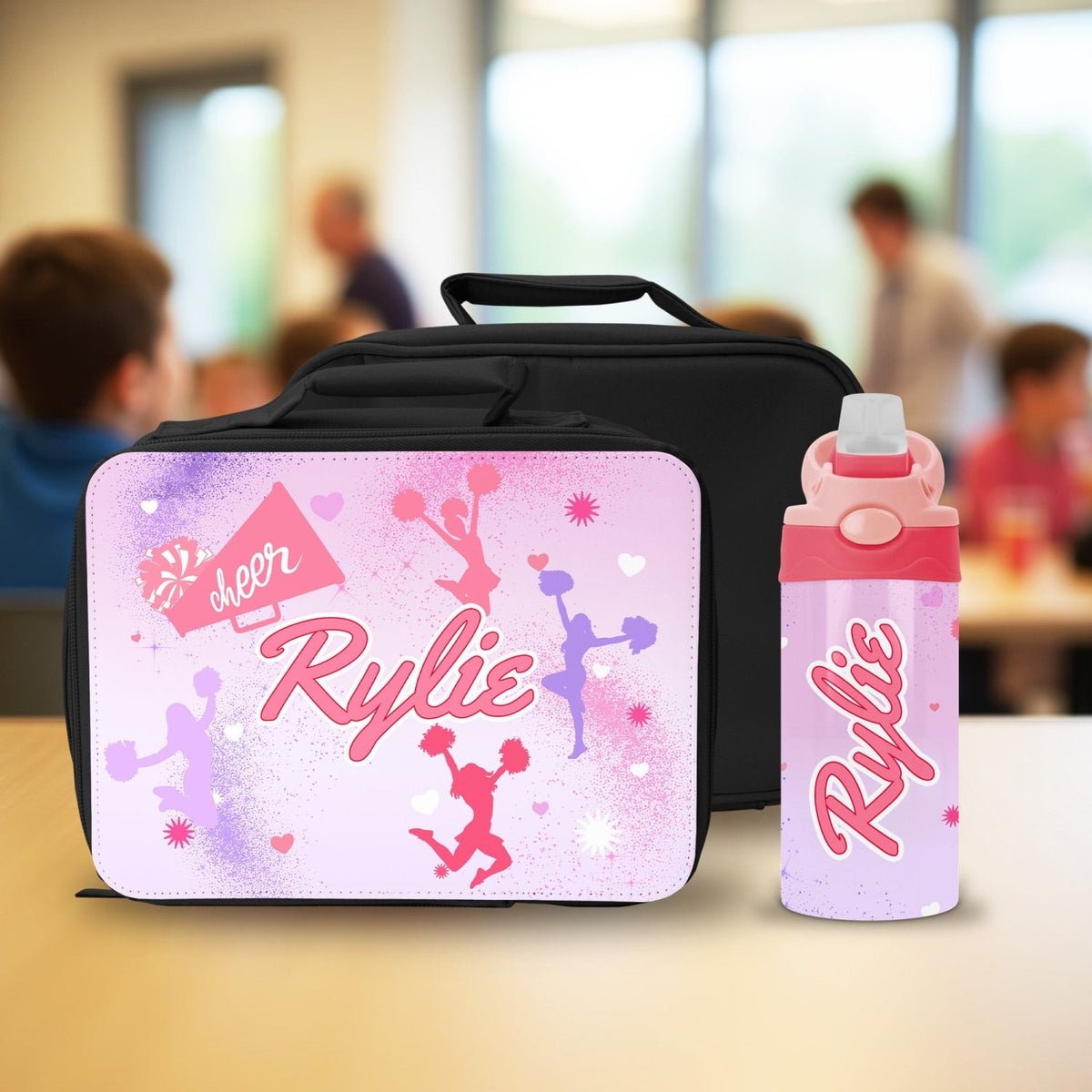 Personalized cheer lunch box and water bottle set with custom name for girls back to school gift.