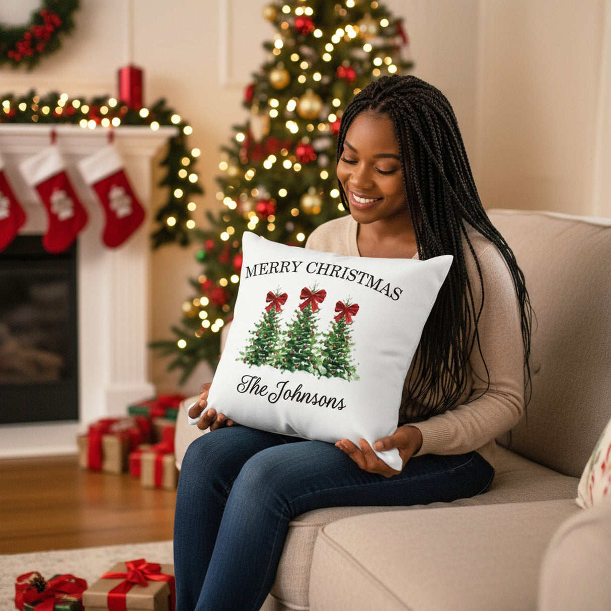 Red Bow & Trees Family Name Christmas Throw Pillow Cover and Add on Insert