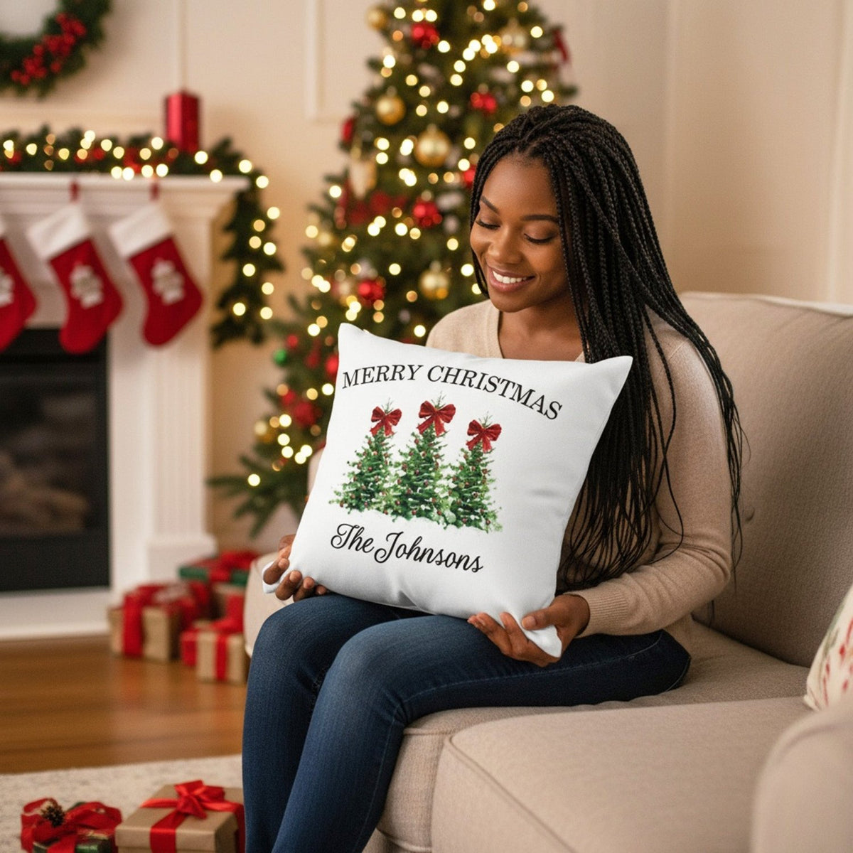 Red Bow & Trees Family Name Christmas Throw Pillow Cover and Add on Insert - Gifts Are Blue
