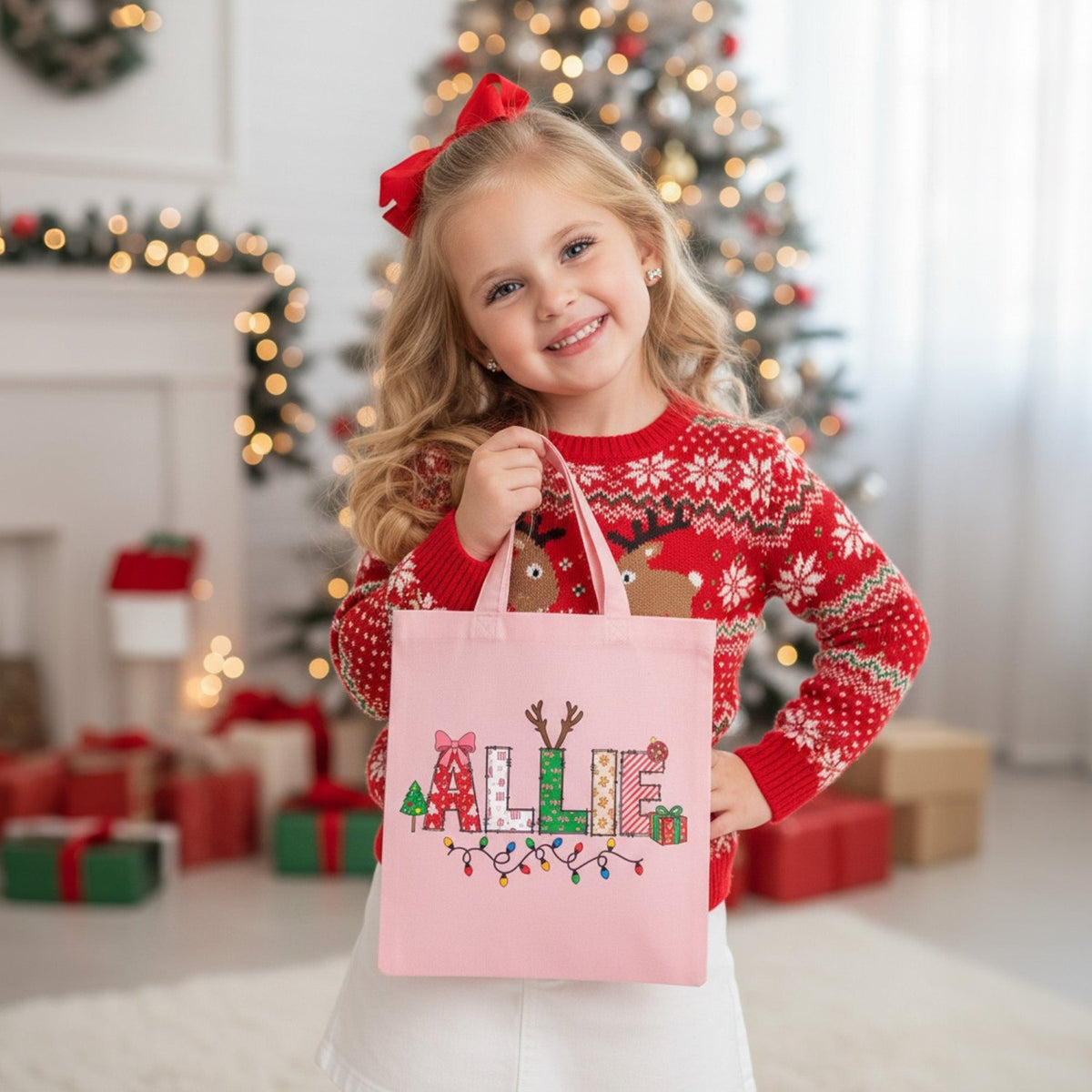 Xmas Alphabet Lights Personalized Christmas Treat Bags for Kids - Gifts Are Blue