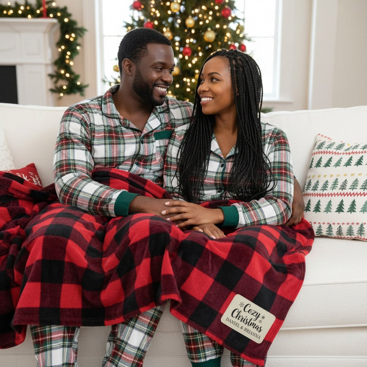 Cozy Christmas Red and Black Plaid Personalized Throw Blanket with Leather Patch - Gifts Are Blue