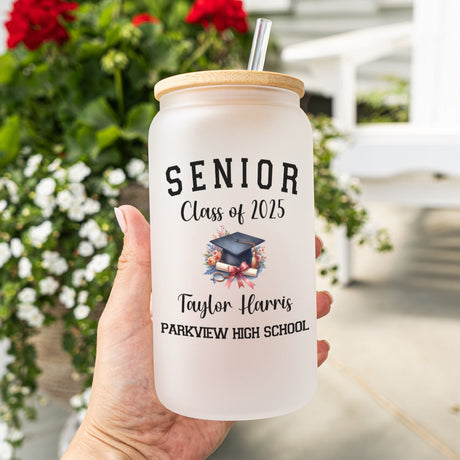 Personalized Graduation Iced Coffee Cup with customizable name, year, school, and floral design. The perfect gift for graduates of class of 2025.