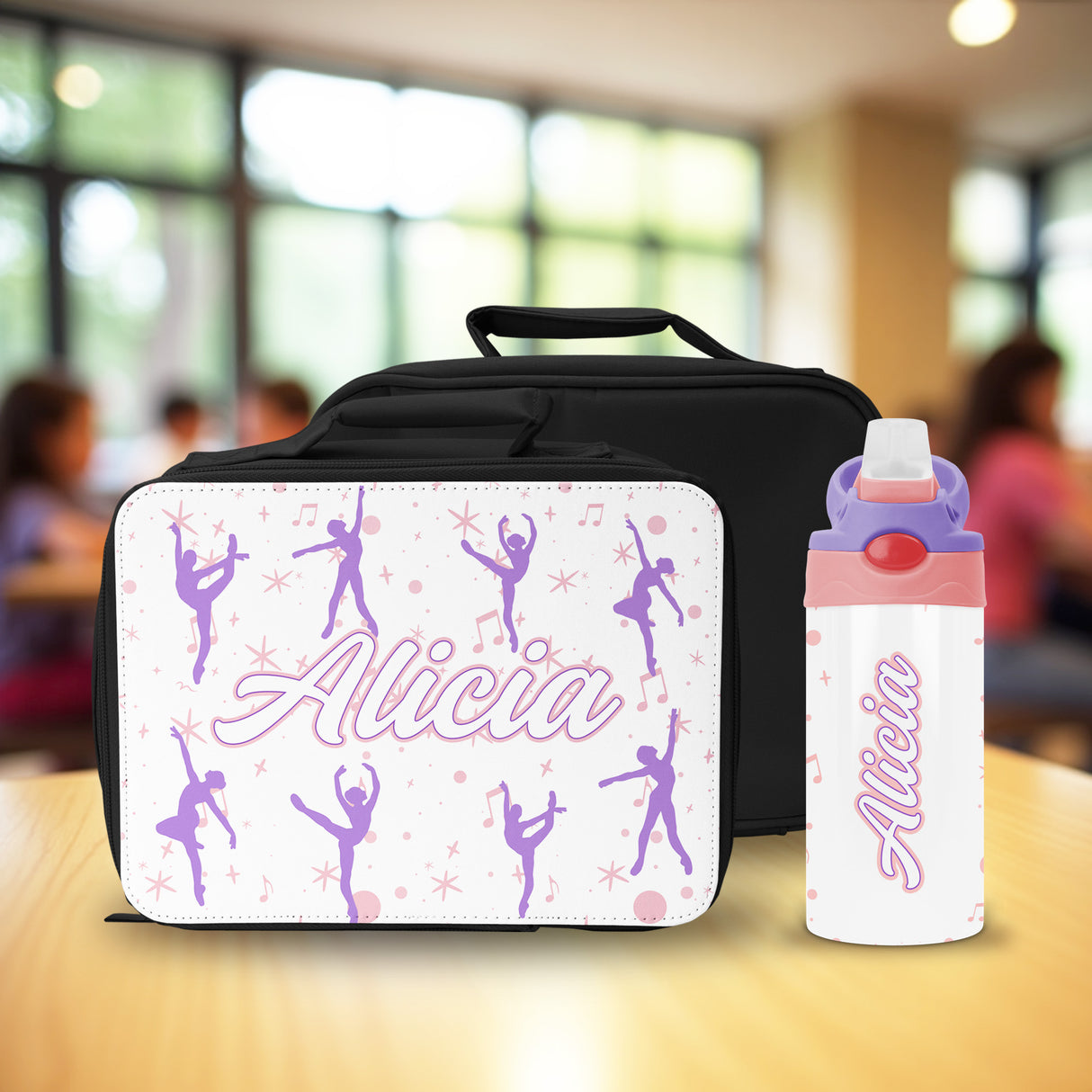 Personalized dance lunch bag and water bottle set for girls who love ballet, perfect for school, daycare, or dance class.