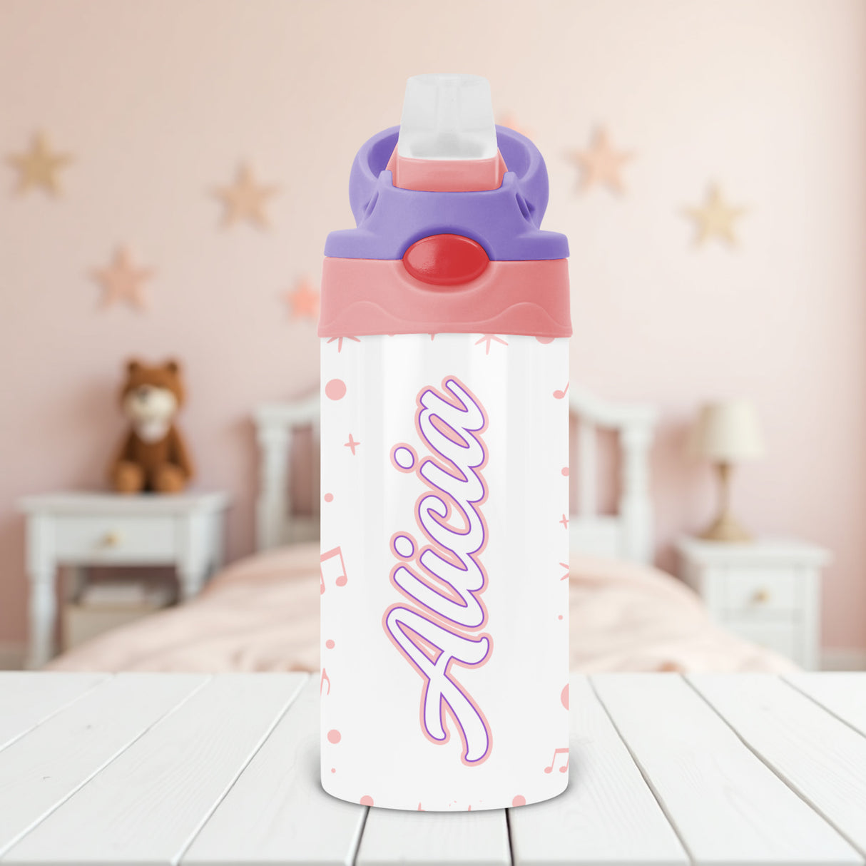 Personalized dance water bottle for girls with custom name and flip top lid, ideal for school, daycare, and a perfect gift for young dancers.