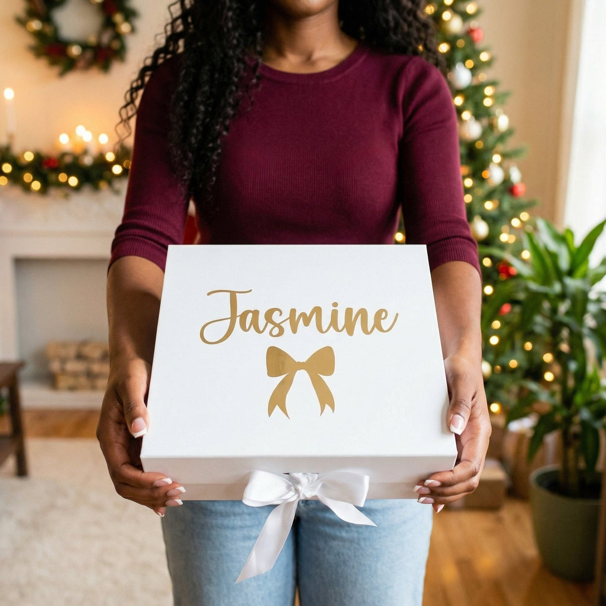 Multi Design Personalized Empty Christmas Gift Boxes w Magnetic Lid, Bow and Crinkle Paper - Gifts Are Blue