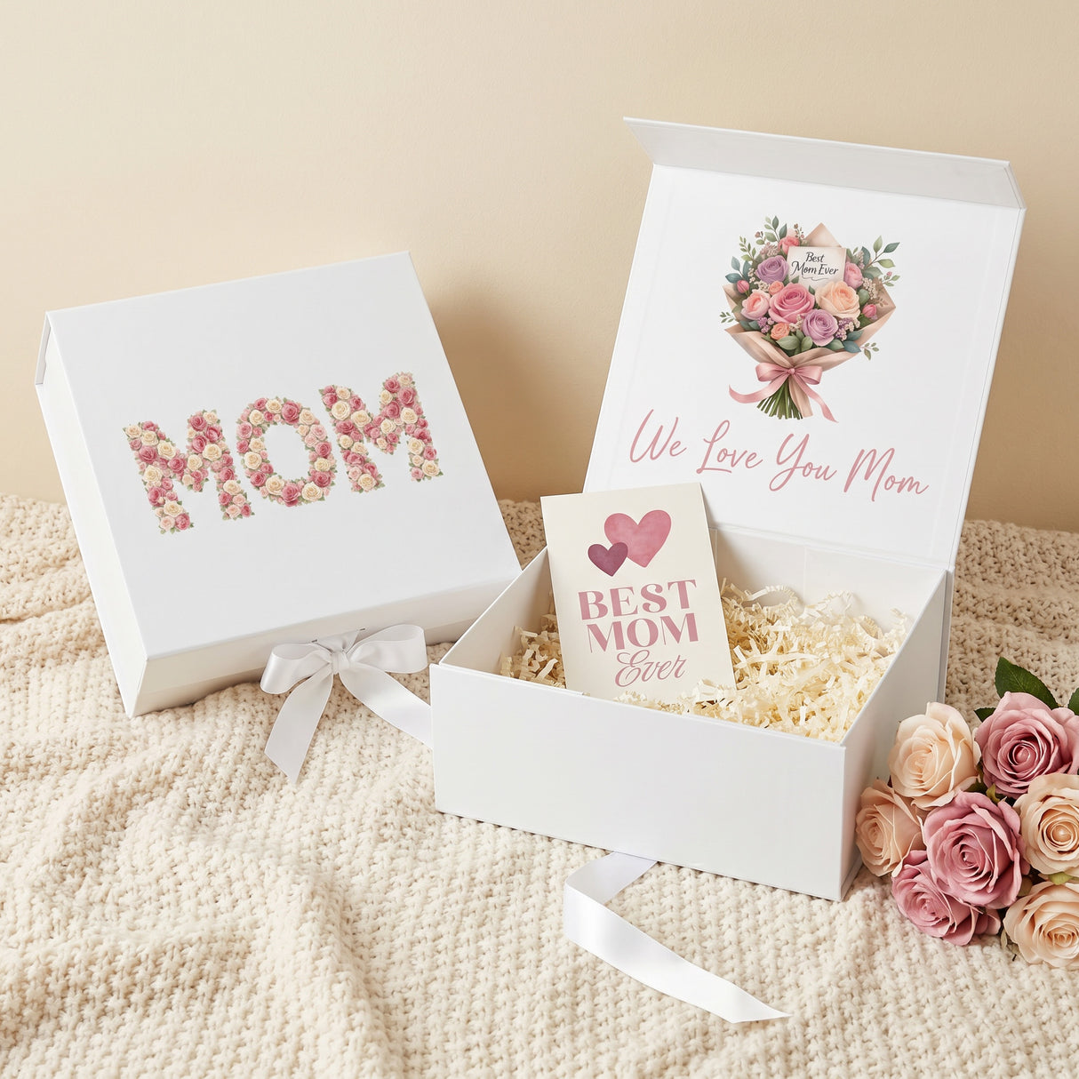 Multi Design Personalized Empty Mom Gift Box w Magnetic Lid, Bow and Crinkle Paper