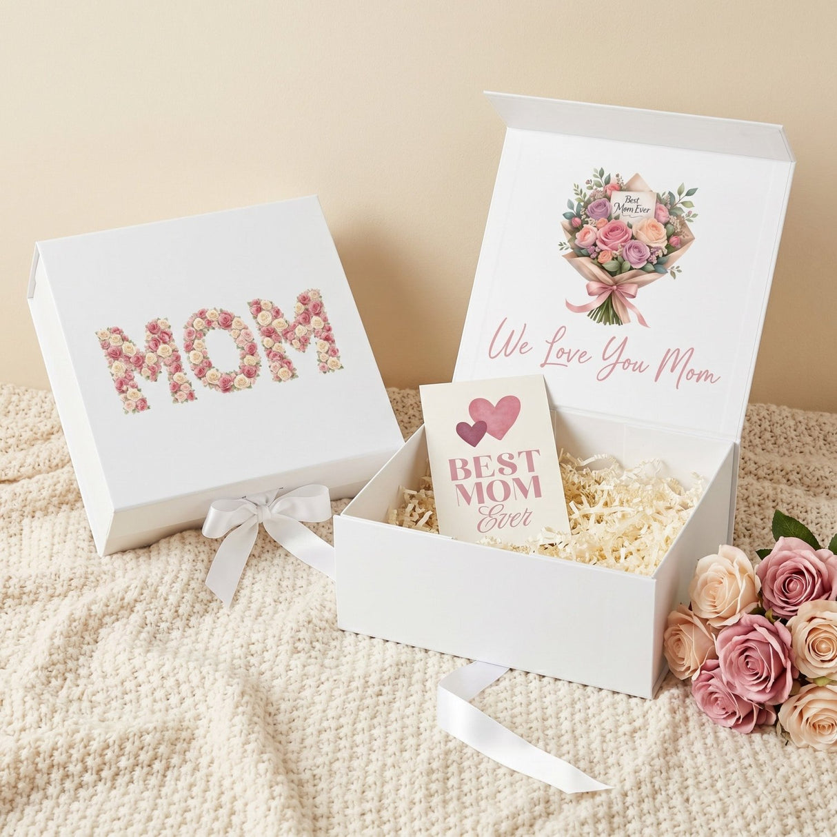 Multi Design Personalized Empty Mom Gift Box w Magnetic Lid, Bow and Crinkle Paper - Gifts Are Blue