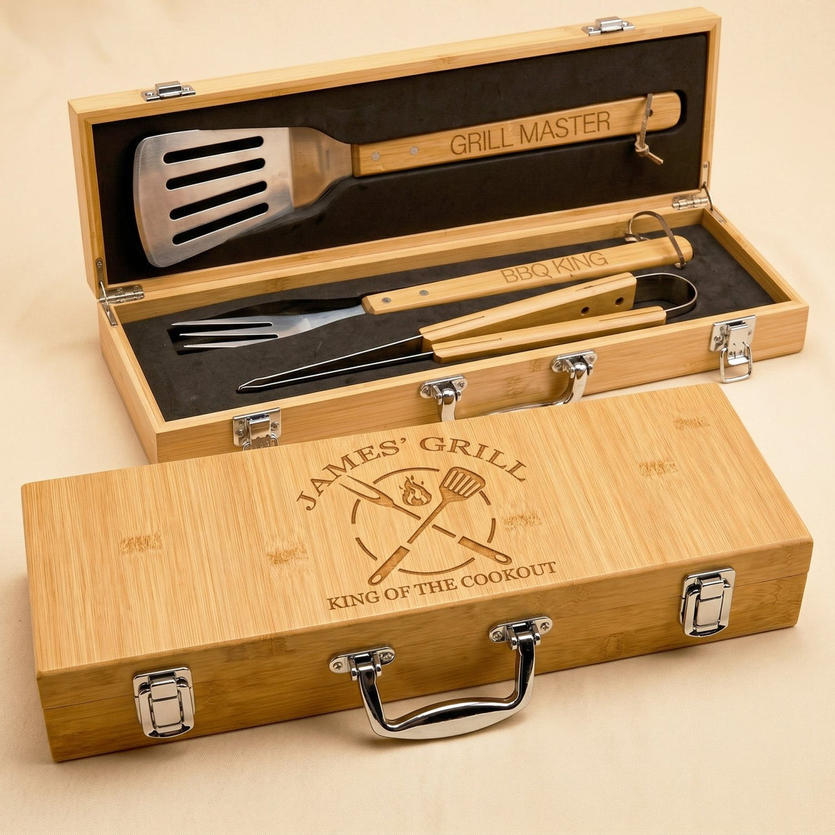 The Grill Master BBQ Tool Set with Engraved Case - 3 Pc Bamboo Kit - Gifts Are Blue