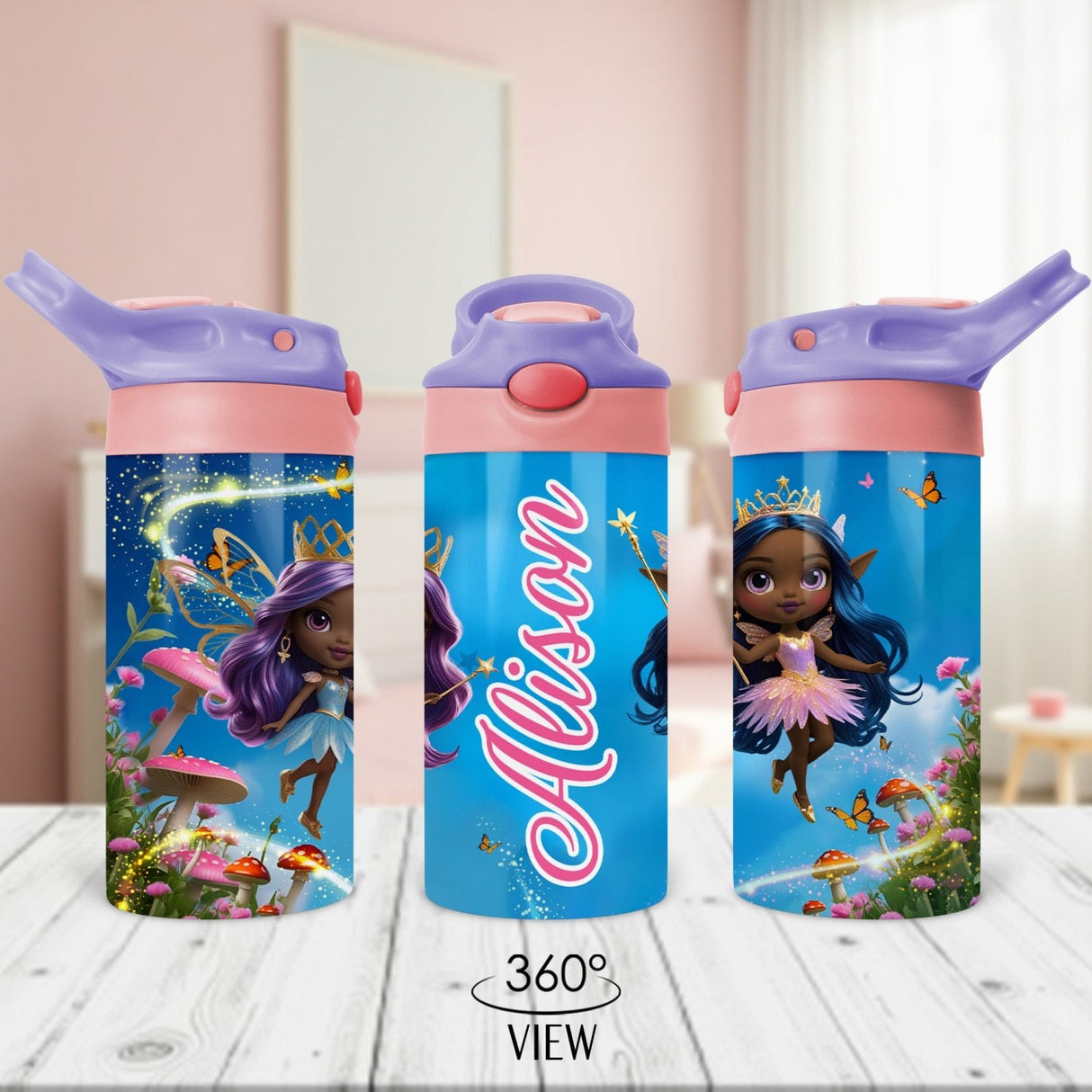 Custom back to school water bottle for girls with fairies and personalized name for easy identification.