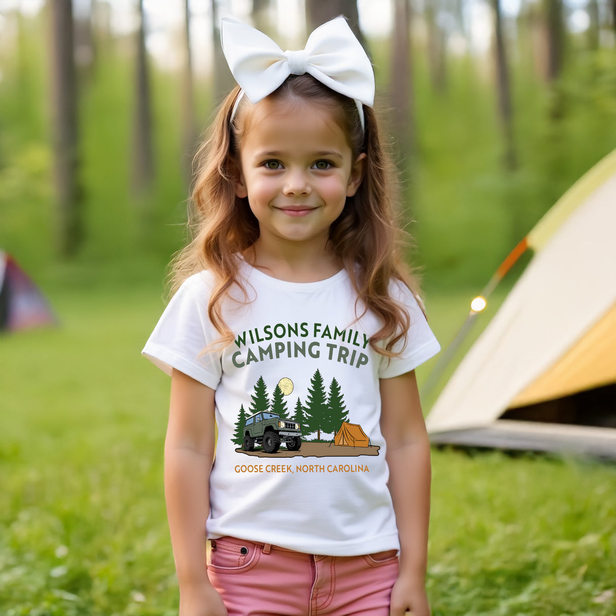 Custom matching family vacation shirts designed for camping trips, road trips, family reunions. Little girl wearing a personalized camping tee.
