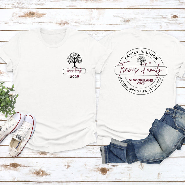 Custom family reunion t-shirts with tree design and personalized last name, perfect matching shirts for group photos and family gatherings.