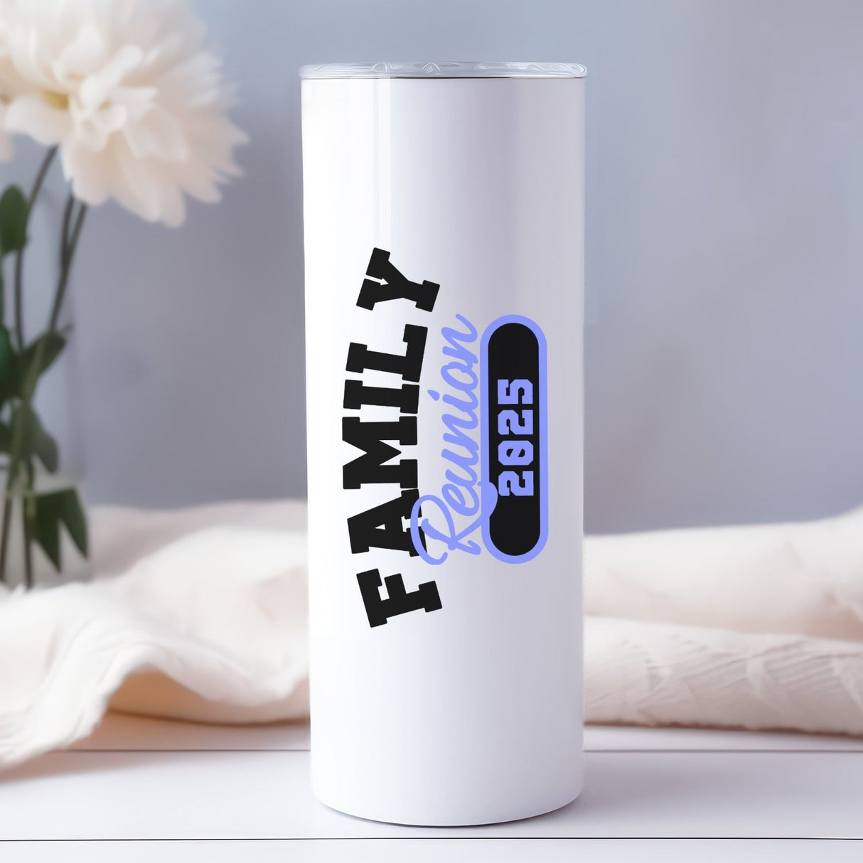 Personalized family reunion tumbler with custom name and date, reusable custom drinkware for family gathering gifts.