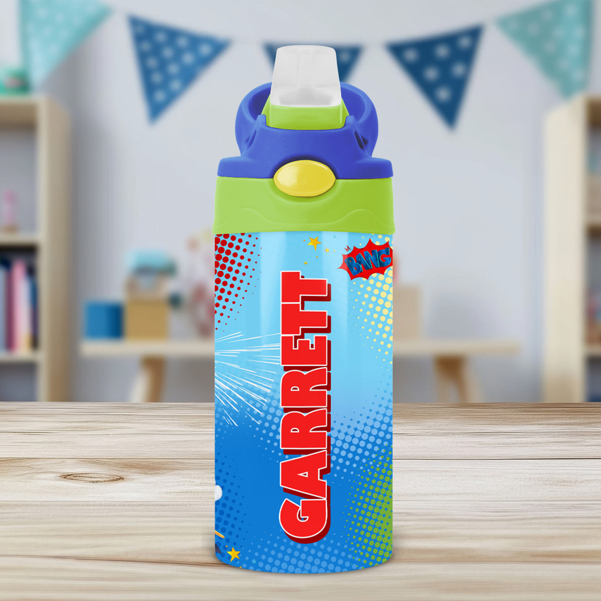 Kids personalized superhero water bottle with name, ideal for team gifts and birthdays.