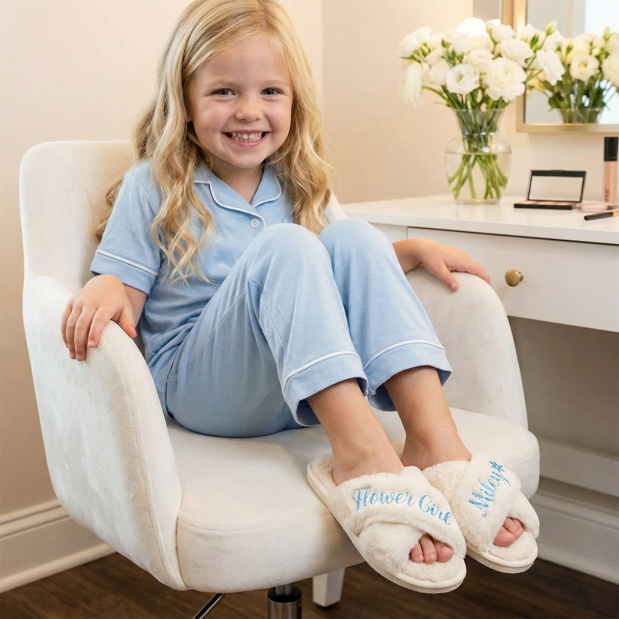 Sweet Pea Flower Girl Proposal Box with Fluffy Slippers & Tumbler - Gifts Are Blue