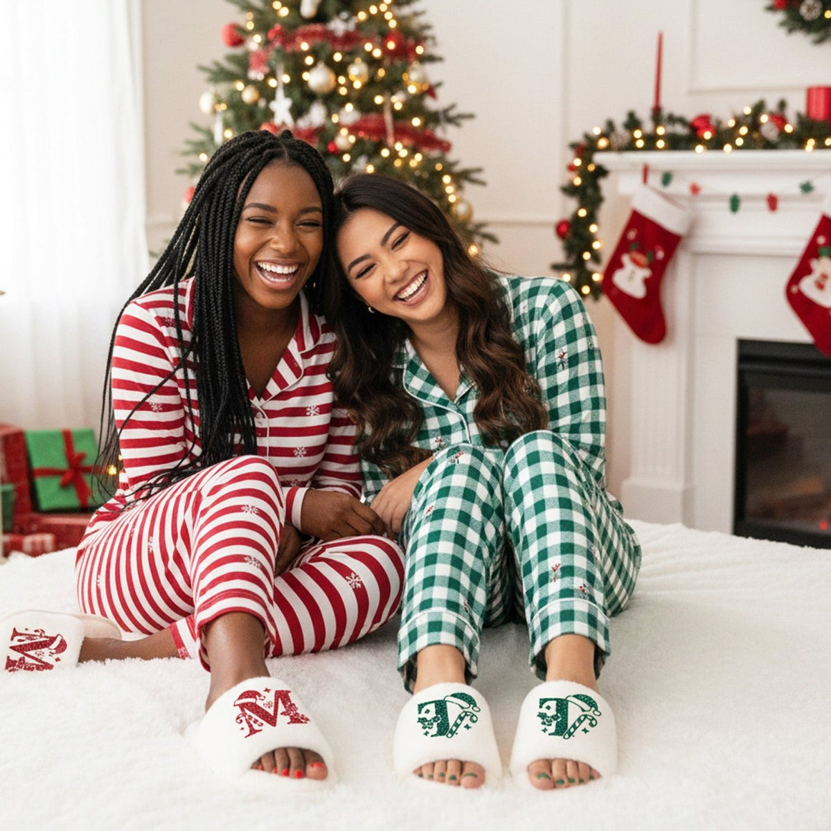 Initials Personalized Fluffy Christmas Slippers for Her - Gifts Are Blue
