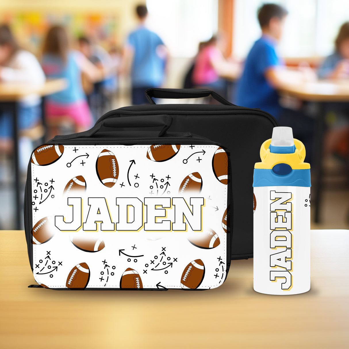 Personalized football lunch box and water bottle set with name for kids back to school gift.