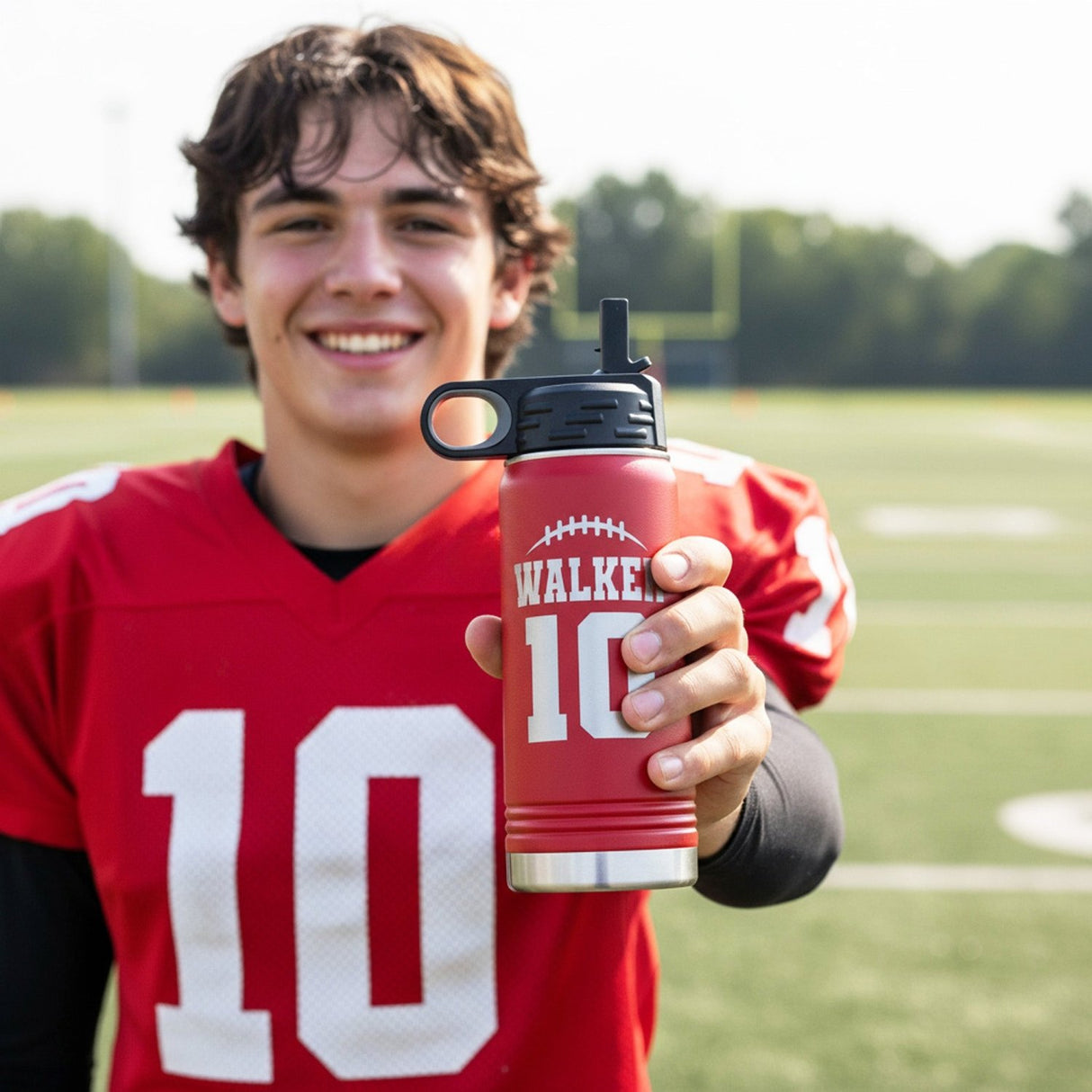 Football Number and Last Name Personalized Water Bottle for Teen Boys - Gifts Are Blue