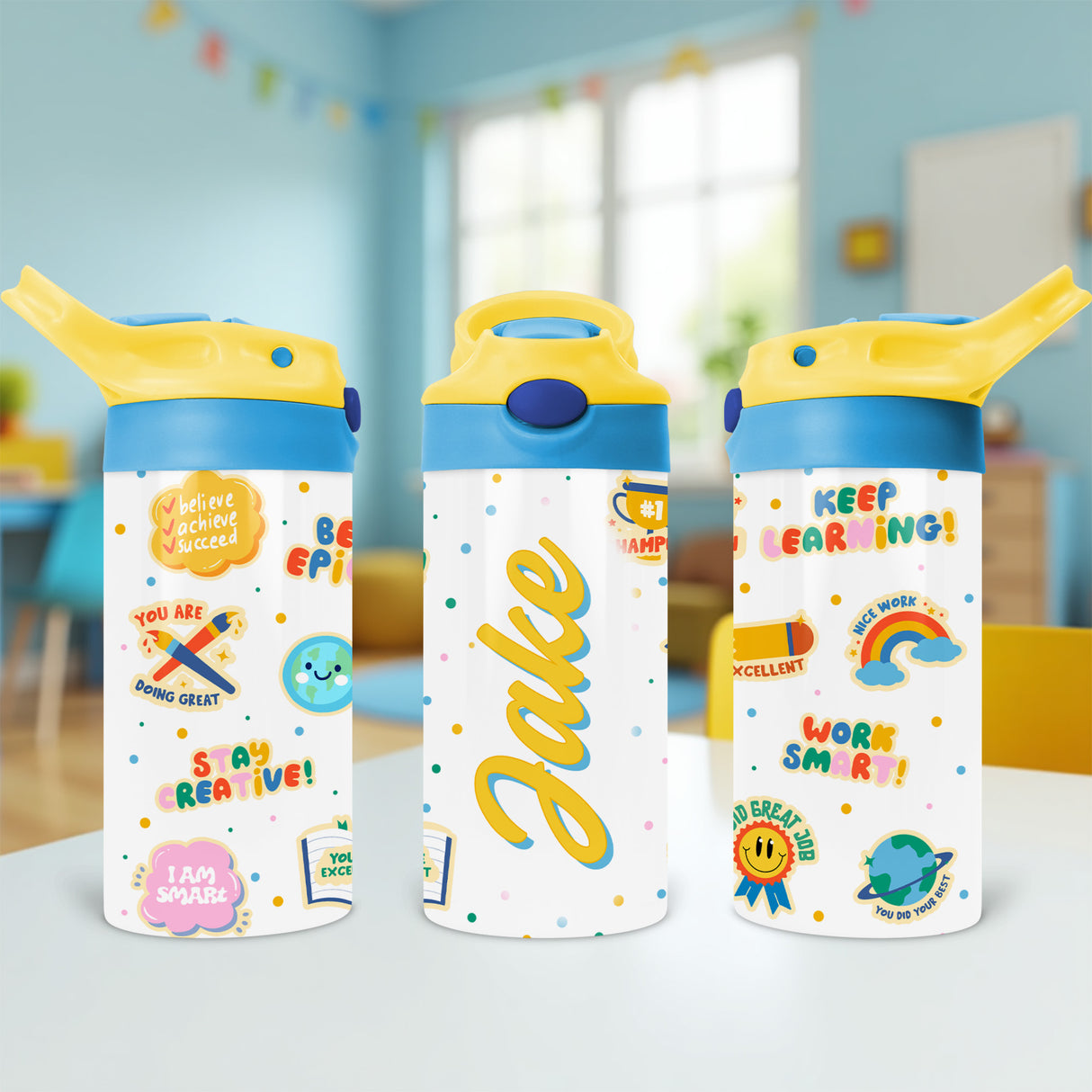Personalized affirmation water bottle for kids featuring a flip top lid and custom positive messages perfect for back to school gifts.
