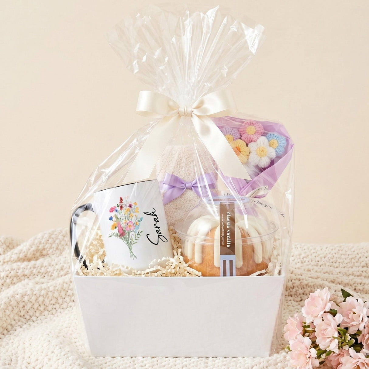 Sweet Cake & Bloom Basket Gift for Her with Bundt Cake, Mug and Fuzzy Socks - Gifts Are Blue