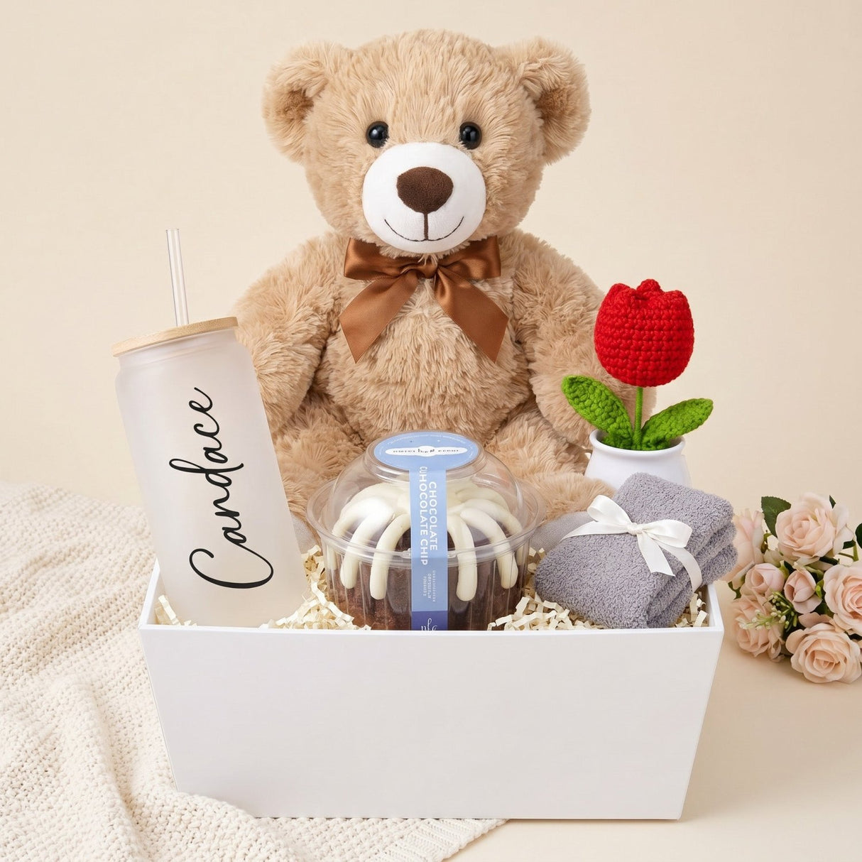 Cozy Cake Break Gift Basket with Bundt Cake, Teddy Bear & Glass Tumbler - Gifts Are Blue