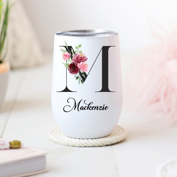 Personalized Floral Wine Tumbler with Custom Initials Name & Date - Gifts Are Blue