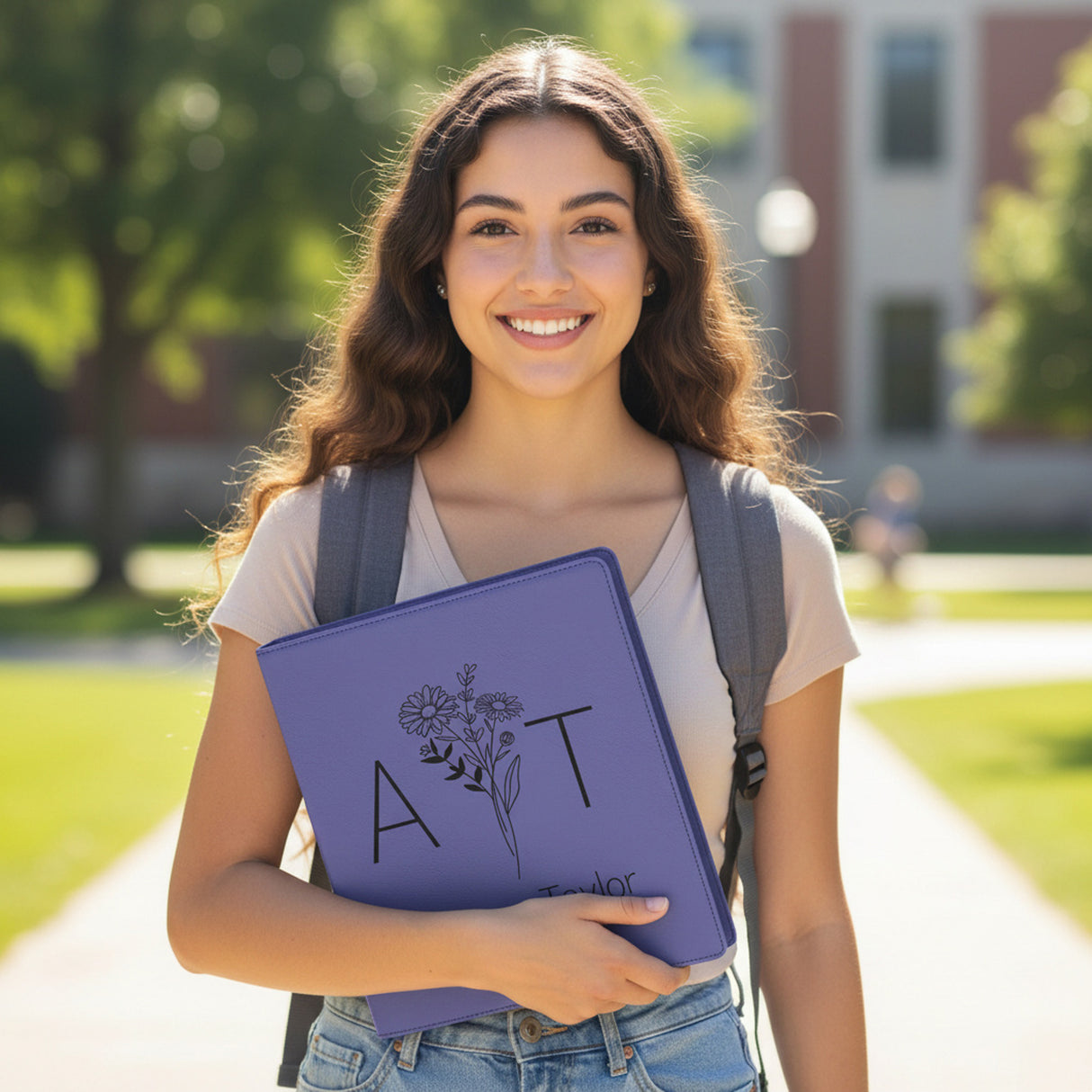 Split Initials w Name Birth Flower Personalized Binder for Her, Faux Leather