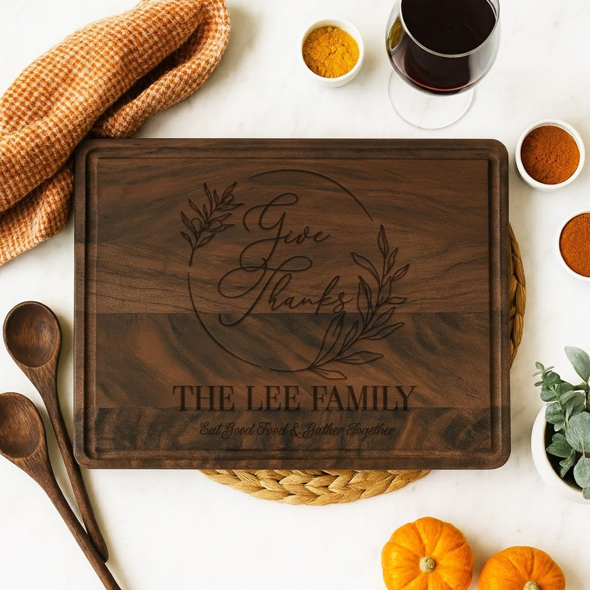 Give Thanks with Wreath Personalized Cutting Board for Thanksgiving - Gifts Are Blue